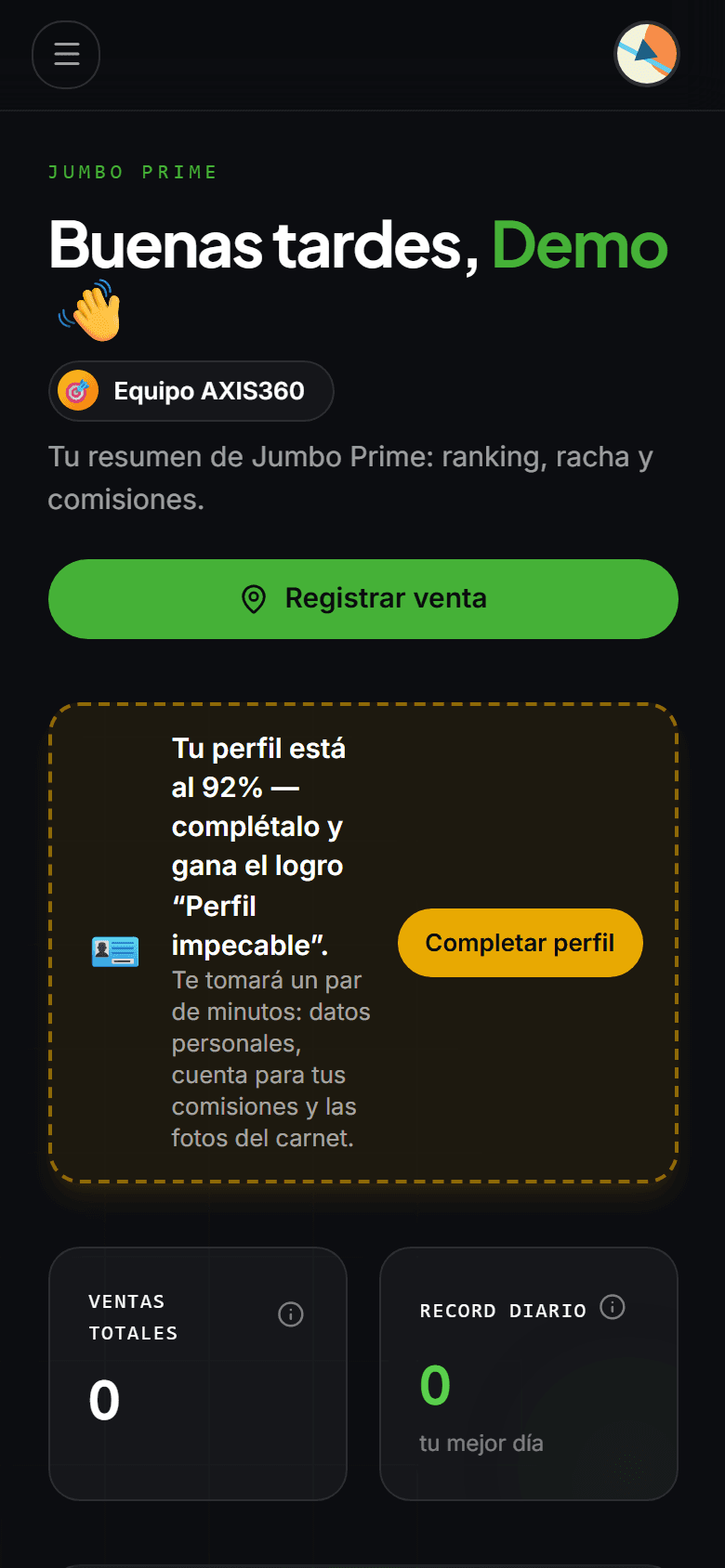 Panel del vendedor con el botón verde «Registrar venta».