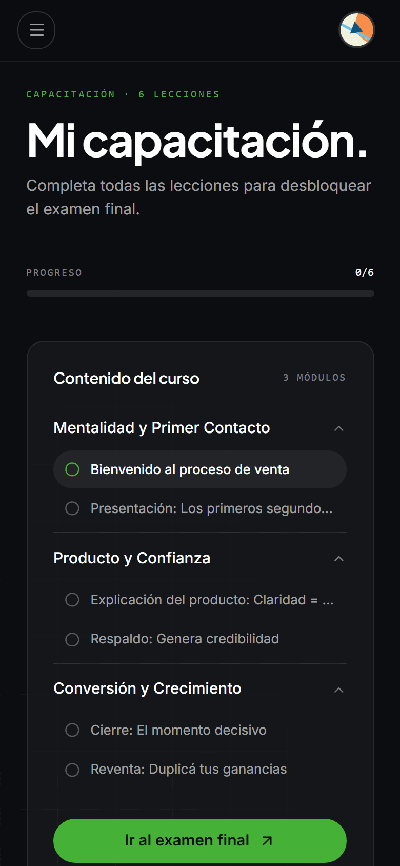 Página «Mi capacitación» con el módulo del producto y el examen final.