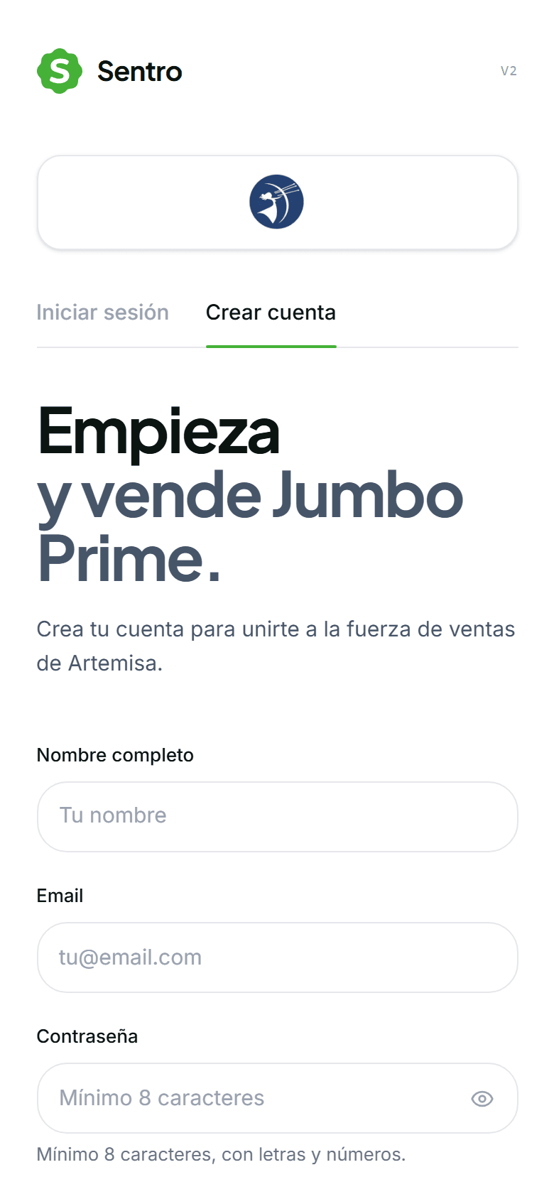 Pantalla «Crear cuenta» de Sentro con el logo de Artemisa, el texto «Empieza y vende Jumbo Prime» y los campos de nombre, correo y contraseña.